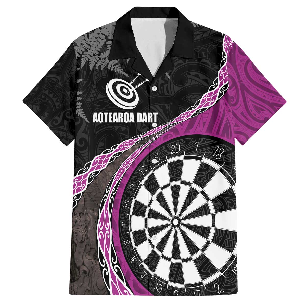 Personalised New Zealand Darts Family Matching Puletasi and Hawaiian Shirt Koru Tribal Tattoo and Silver Fern Maori Pattern Pink Color LT03 Dad's Shirt - Short Sleeve Pink - Polynesian Pride