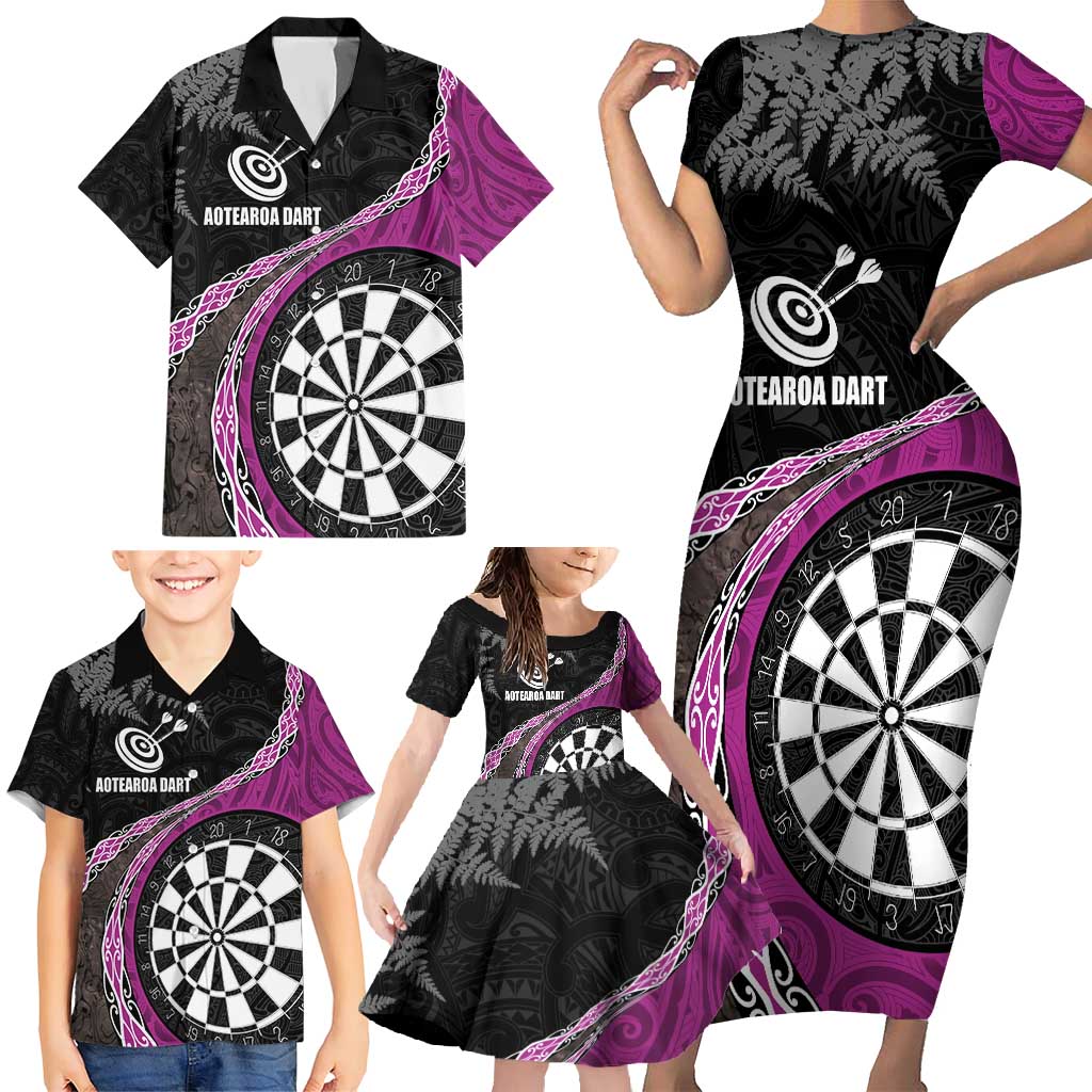 Personalised New Zealand Darts Family Matching Short Sleeve Bodycon Dress and Hawaiian Shirt Koru Tribal Tattoo and Silver Fern Maori Pattern Pink Color LT03 - Polynesian Pride
