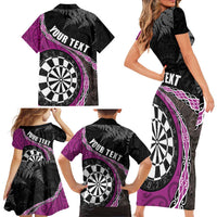 Personalised New Zealand Darts Family Matching Short Sleeve Bodycon Dress and Hawaiian Shirt Koru Tribal Tattoo and Silver Fern Maori Pattern Pink Color LT03 - Polynesian Pride