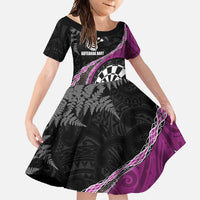 Personalised New Zealand Darts Family Matching Summer Maxi Dress and Hawaiian Shirt Koru Tribal Tattoo and Silver Fern Maori Pattern Pink Color LT03 Daughter's Dress Pink - Polynesian Pride