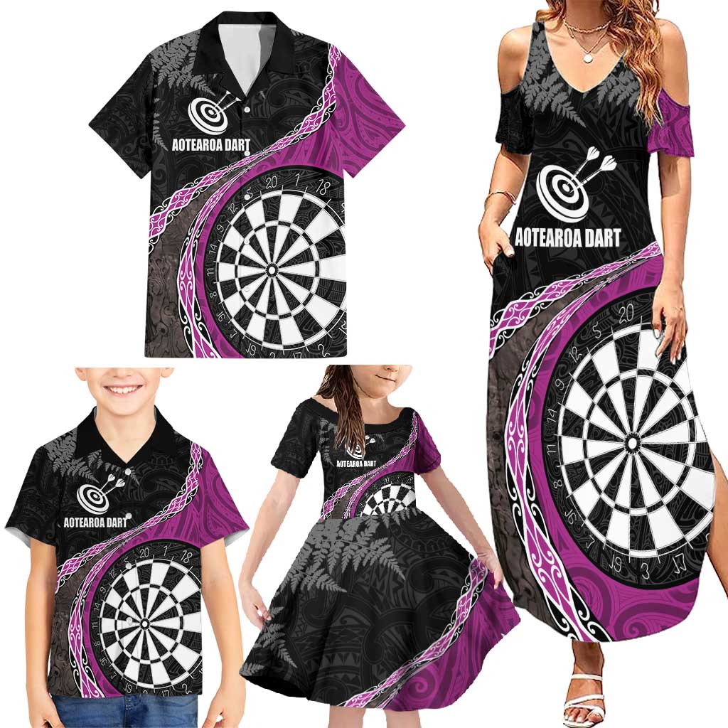 Personalised New Zealand Darts Family Matching Summer Maxi Dress and Hawaiian Shirt Koru Tribal Tattoo and Silver Fern Maori Pattern Pink Color LT03 - Polynesian Pride