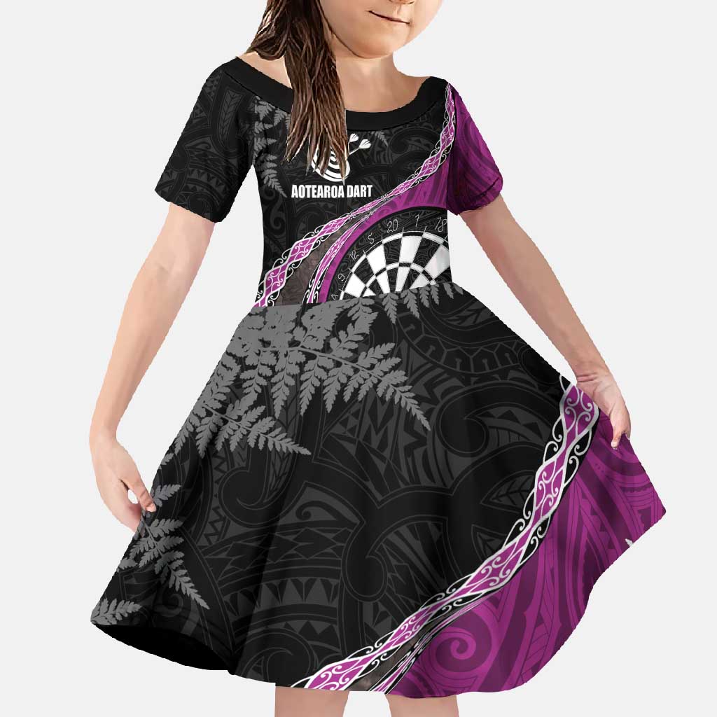 Personalised New Zealand Darts Family Matching Tank Maxi Dress and Hawaiian Shirt Koru Tribal Tattoo and Silver Fern Maori Pattern Pink Color LT03 Daughter's Dress Pink - Polynesian Pride