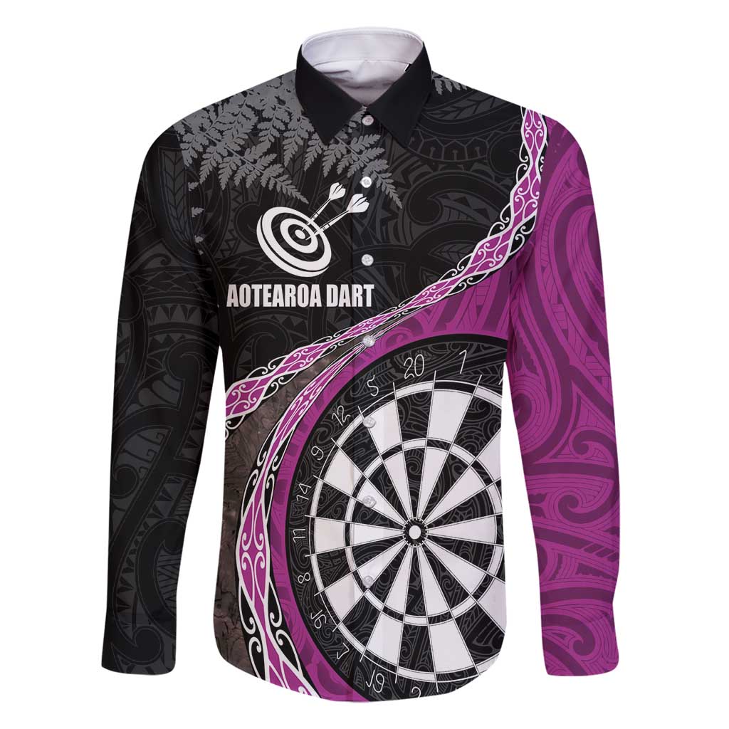 Personalised New Zealand Darts Family Matching Tank Maxi Dress and Hawaiian Shirt Koru Tribal Tattoo and Silver Fern Maori Pattern Pink Color LT03 Dad's Shirt - Long Sleeve Pink - Polynesian Pride