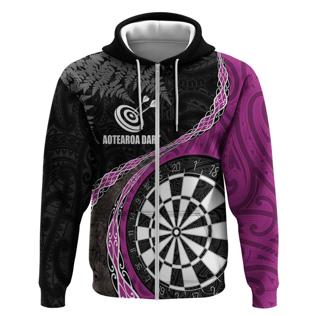 Personalised New Zealand Darts Hoodie Koru Tribal Tattoo and Silver Fern Maori Pattern Pink Color LT03 Zip Hoodie Pink - Polynesian Pride