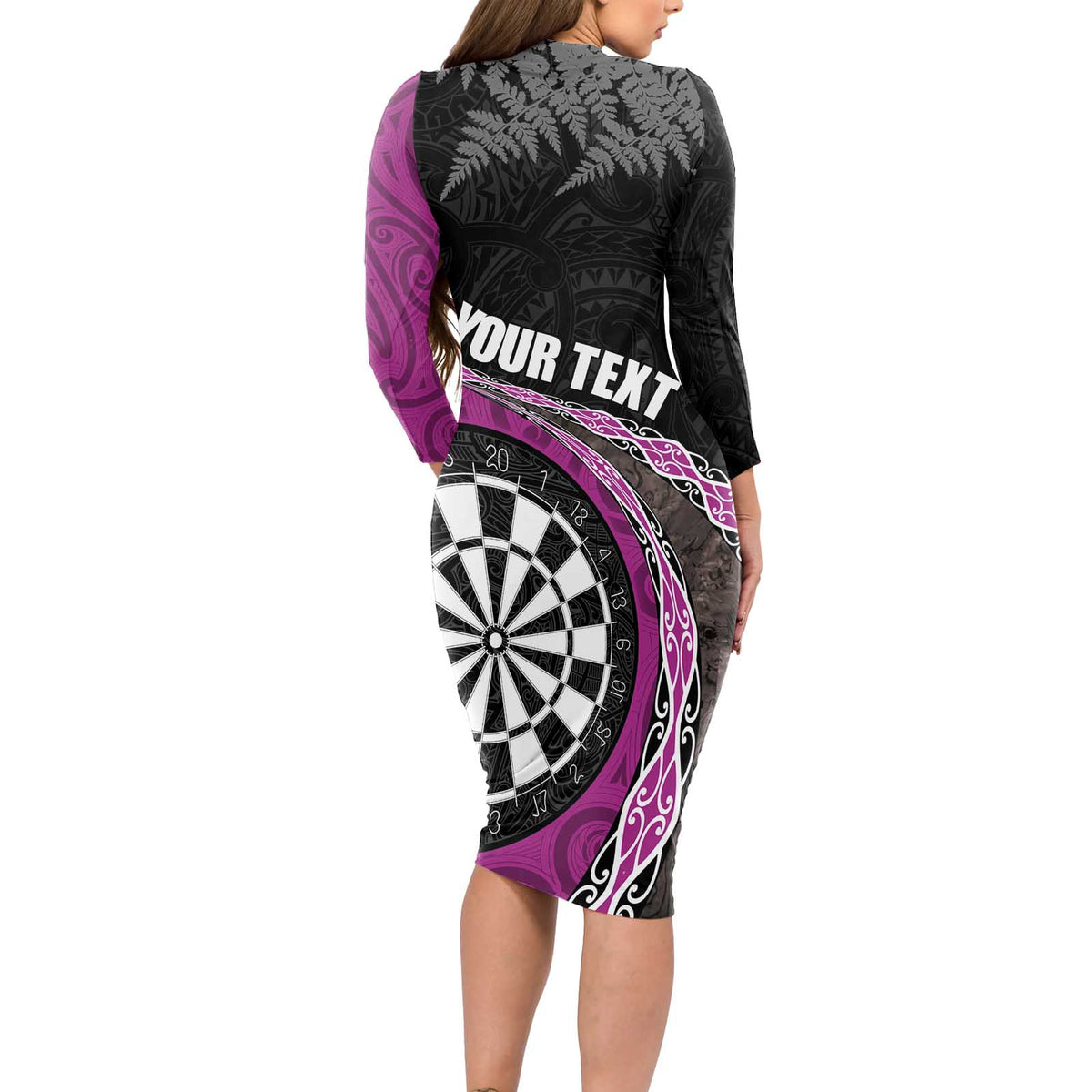 Personalised New Zealand Darts Long Sleeve Bodycon Dress Koru Tribal Tattoo and Silver Fern Maori Pattern Pink Color LT03 - Polynesian Pride