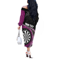 Personalised New Zealand Darts Off The Shoulder Long Sleeve Dress Koru Tribal Tattoo and Silver Fern Maori Pattern Pink Color LT03 - Polynesian Pride