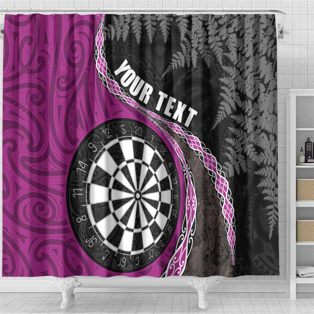 Personalised New Zealand Darts Shower Curtain Koru Tribal Tattoo and Silver Fern Maori Pattern Pink Color LT03 - Polynesian Pride