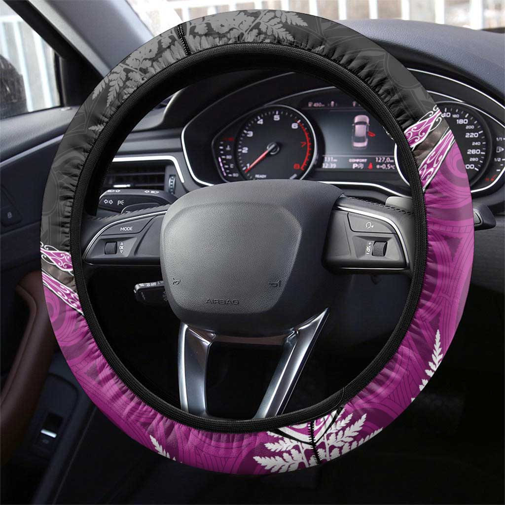 New Zealand Darts Steering Wheel Cover Koru Tribal Tattoo and Silver Fern Maori Pattern Pink Color LT03 - Polynesian Pride