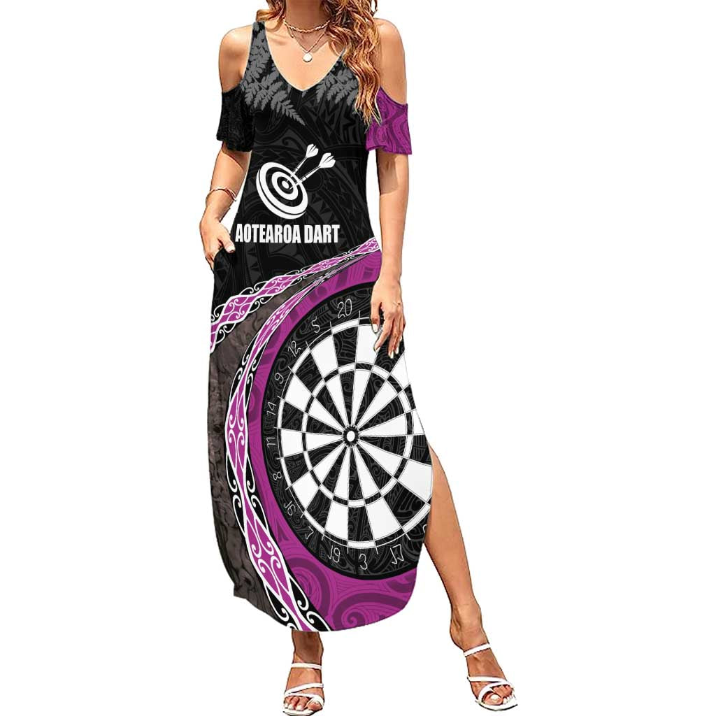 Personalised New Zealand Darts Summer Maxi Dress Koru Tribal Tattoo and Silver Fern Maori Pattern Pink Color LT03 Women Pink - Polynesian Pride