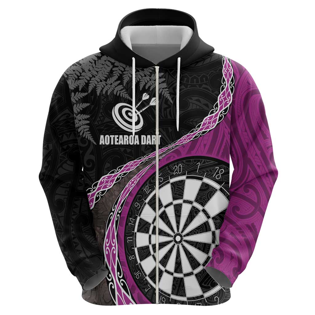 Personalised New Zealand Darts Zip Hoodie Koru Tribal Tattoo and Silver Fern Maori Pattern Pink Color LT03 - Polynesian Pride