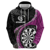 Personalised New Zealand Darts Zip Hoodie Koru Tribal Tattoo and Silver Fern Maori Pattern Pink Color LT03 - Polynesian Pride