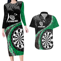 Personalised New Zealand Darts Couples Matching Long Sleeve Bodycon Dress and Hawaiian Shirt Koru Tribal Tattoo and Silver Fern Maori Pattern Green Color LT03 Green - Polynesian Pride