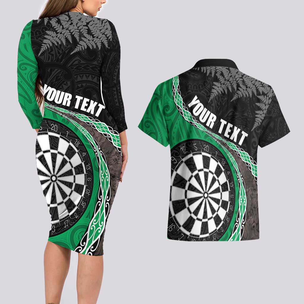 Personalised New Zealand Darts Couples Matching Long Sleeve Bodycon Dress and Hawaiian Shirt Koru Tribal Tattoo and Silver Fern Maori Pattern Green Color LT03 - Polynesian Pride