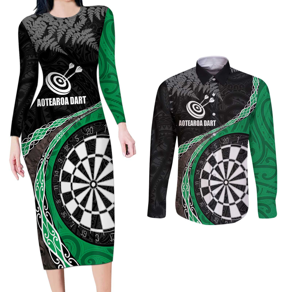 Personalised New Zealand Darts Couples Matching Long Sleeve Bodycon Dress and Long Sleeve Button Shirt Koru Tribal Tattoo and Silver Fern Maori Pattern Green Color LT03 Green - Polynesian Pride