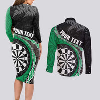 Personalised New Zealand Darts Couples Matching Long Sleeve Bodycon Dress and Long Sleeve Button Shirt Koru Tribal Tattoo and Silver Fern Maori Pattern Green Color LT03 - Polynesian Pride