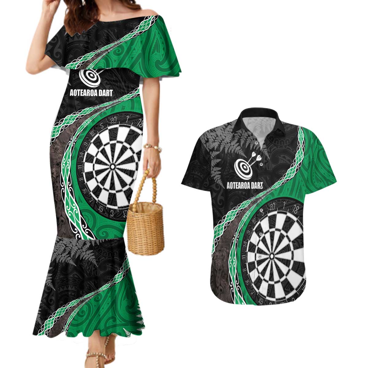 Personalised New Zealand Darts Couples Matching Mermaid Dress and Hawaiian Shirt Koru Tribal Tattoo and Silver Fern Maori Pattern Green Color LT03 Green - Polynesian Pride
