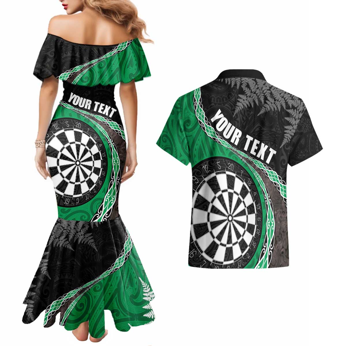 Personalised New Zealand Darts Couples Matching Mermaid Dress and Hawaiian Shirt Koru Tribal Tattoo and Silver Fern Maori Pattern Green Color LT03 - Polynesian Pride