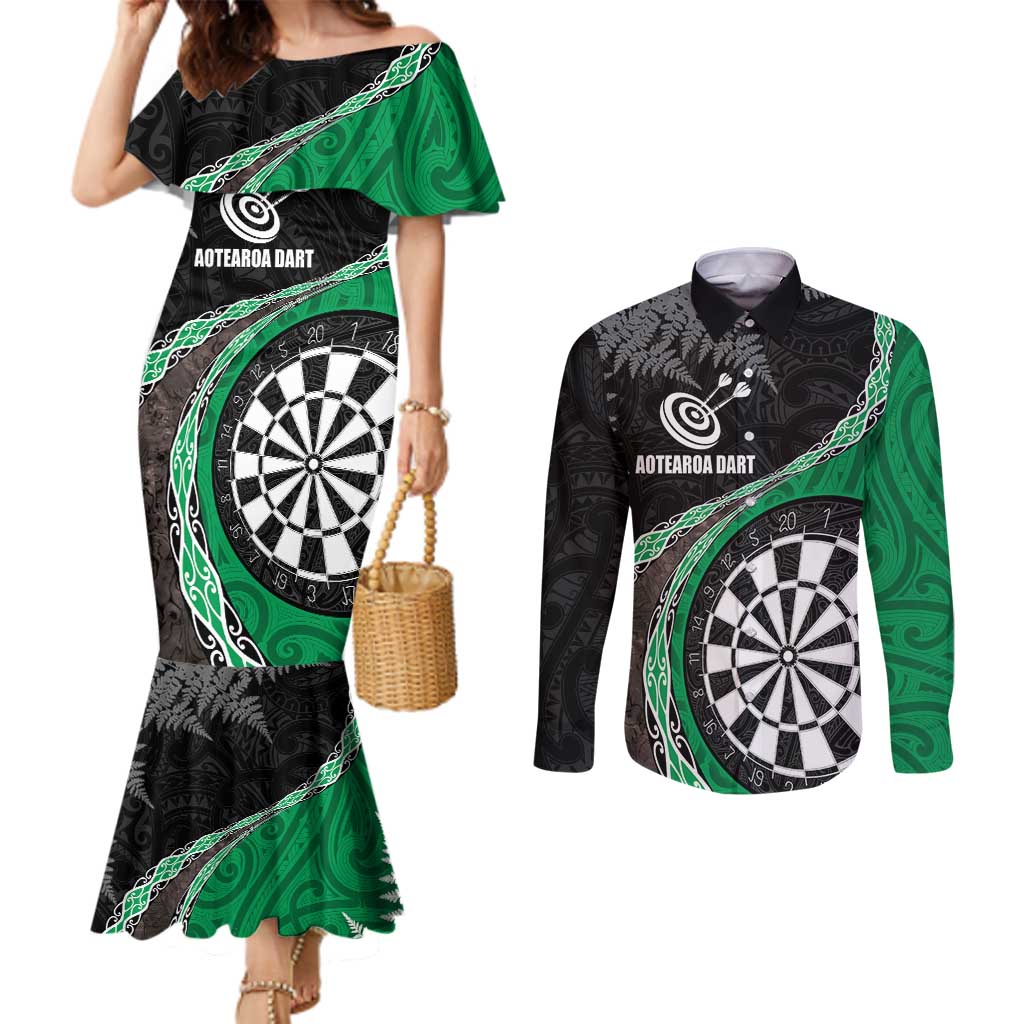 Personalised New Zealand Darts Couples Matching Mermaid Dress and Long Sleeve Button Shirt Koru Tribal Tattoo and Silver Fern Maori Pattern Green Color LT03 Green - Polynesian Pride