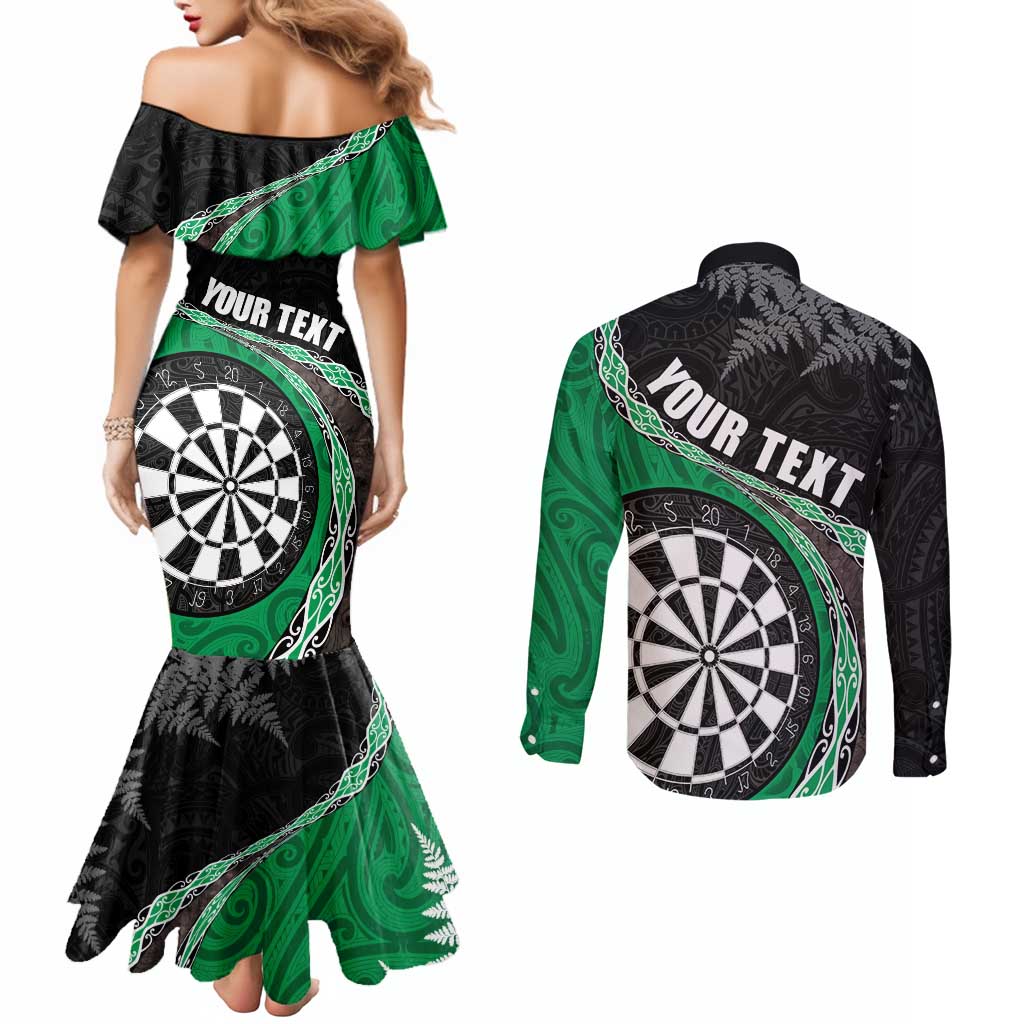 Personalised New Zealand Darts Couples Matching Mermaid Dress and Long Sleeve Button Shirt Koru Tribal Tattoo and Silver Fern Maori Pattern Green Color LT03 - Polynesian Pride