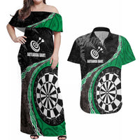 Personalised New Zealand Darts Couples Matching Off Shoulder Maxi Dress and Hawaiian Shirt Koru Tribal Tattoo and Silver Fern Maori Pattern Green Color LT03 Green - Polynesian Pride