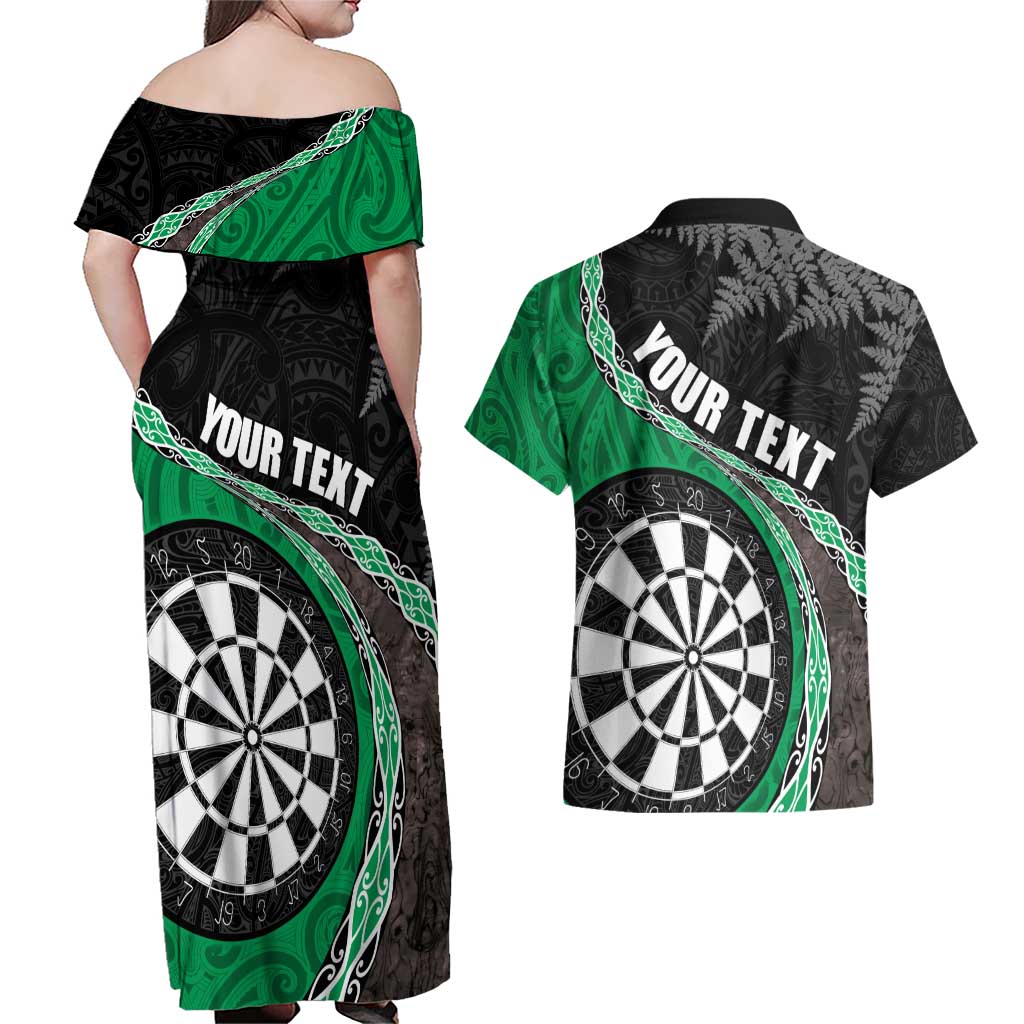 Personalised New Zealand Darts Couples Matching Off Shoulder Maxi Dress and Hawaiian Shirt Koru Tribal Tattoo and Silver Fern Maori Pattern Green Color LT03 - Polynesian Pride