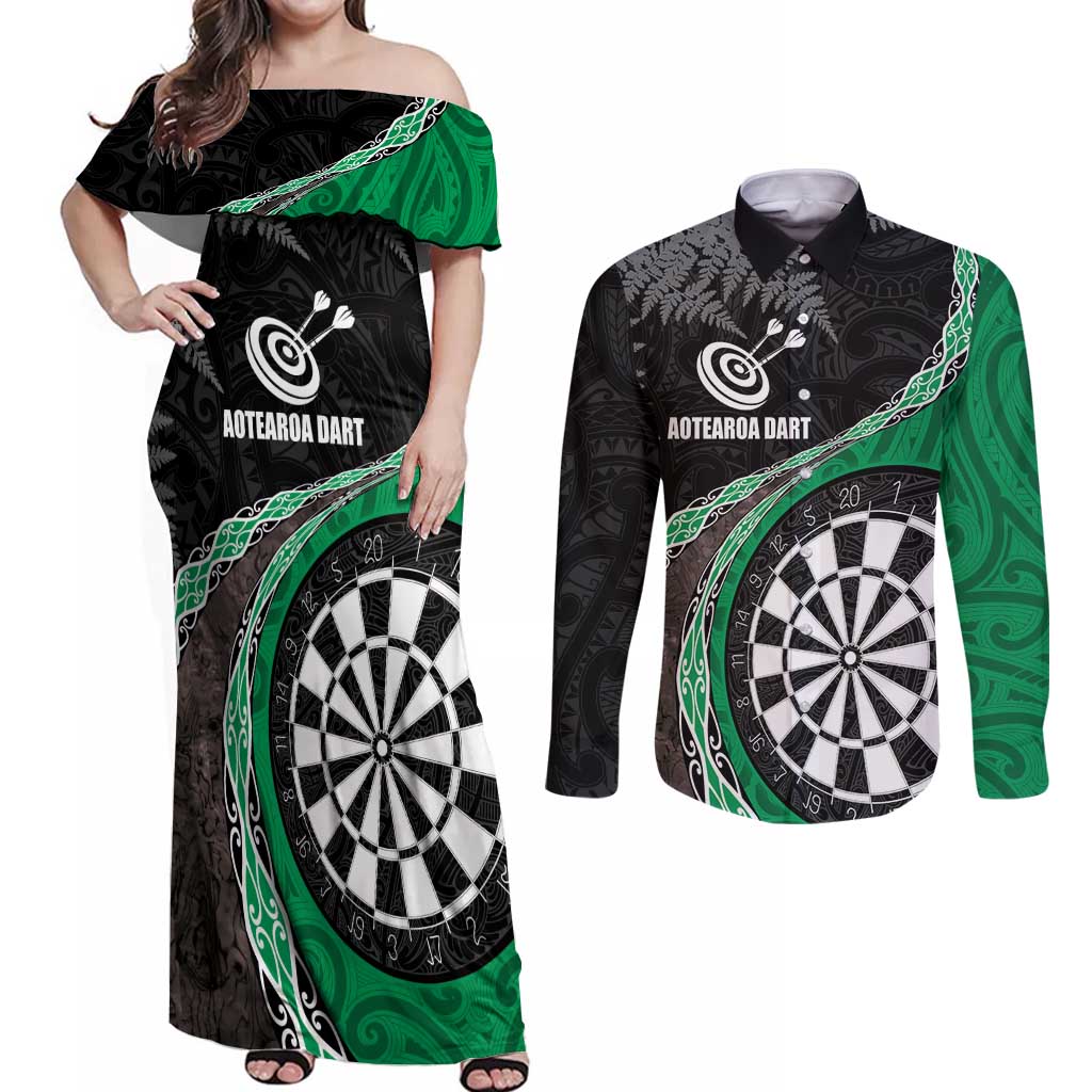 Personalised New Zealand Darts Couples Matching Off Shoulder Maxi Dress and Long Sleeve Button Shirt Koru Tribal Tattoo and Silver Fern Maori Pattern Green Color LT03 Green - Polynesian Pride