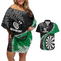 Personalised New Zealand Darts Couples Matching Off Shoulder Short Dress and Hawaiian Shirt Koru Tribal Tattoo and Silver Fern Maori Pattern Green Color LT03 Green - Polynesian Pride