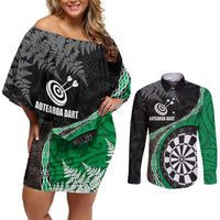 Personalised New Zealand Darts Couples Matching Off Shoulder Short Dress and Long Sleeve Button Shirt Koru Tribal Tattoo and Silver Fern Maori Pattern Green Color LT03 Green - Polynesian Pride