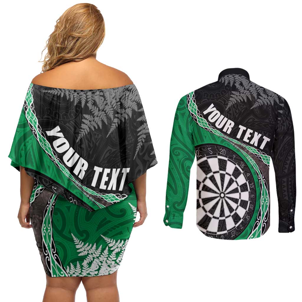 Personalised New Zealand Darts Couples Matching Off Shoulder Short Dress and Long Sleeve Button Shirt Koru Tribal Tattoo and Silver Fern Maori Pattern Green Color LT03 - Polynesian Pride