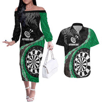 Personalised New Zealand Darts Couples Matching Off The Shoulder Long Sleeve Dress and Hawaiian Shirt Koru Tribal Tattoo and Silver Fern Maori Pattern Green Color LT03 Green - Polynesian Pride