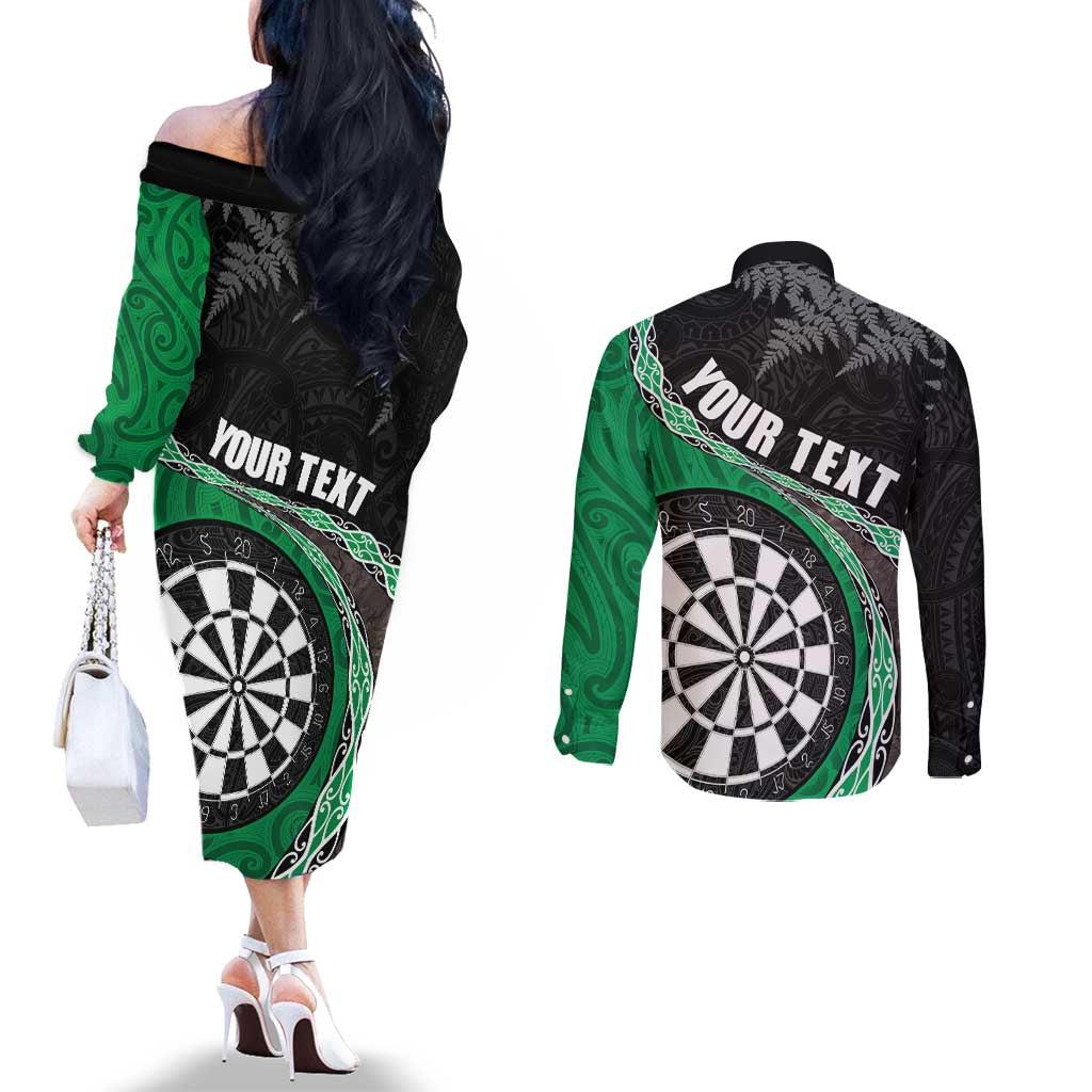 Personalised New Zealand Darts Couples Matching Off The Shoulder Long Sleeve Dress and Long Sleeve Button Shirt Koru Tribal Tattoo and Silver Fern Maori Pattern Green Color LT03 - Polynesian Pride