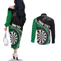 Personalised New Zealand Darts Couples Matching Off The Shoulder Long Sleeve Dress and Long Sleeve Button Shirt Koru Tribal Tattoo and Silver Fern Maori Pattern Green Color LT03 - Polynesian Pride