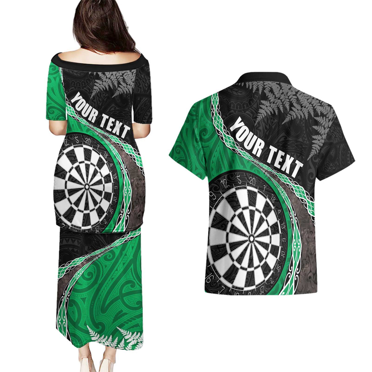 Personalised New Zealand Darts Couples Matching Puletasi and Hawaiian Shirt Koru Tribal Tattoo and Silver Fern Maori Pattern Green Color LT03 - Polynesian Pride