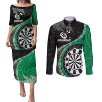 Personalised New Zealand Darts Couples Matching Puletasi and Long Sleeve Button Shirt Koru Tribal Tattoo and Silver Fern Maori Pattern Green Color LT03 Green - Polynesian Pride