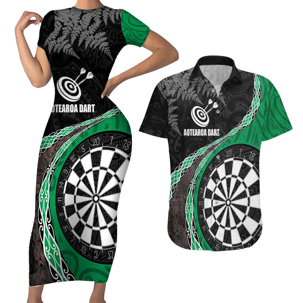 Personalised New Zealand Darts Couples Matching Short Sleeve Bodycon Dress and Hawaiian Shirt Koru Tribal Tattoo and Silver Fern Maori Pattern Green Color LT03 Green - Polynesian Pride