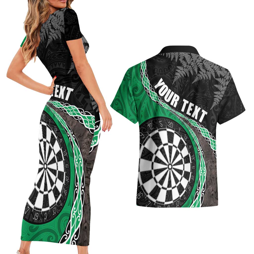 Personalised New Zealand Darts Couples Matching Short Sleeve Bodycon Dress and Hawaiian Shirt Koru Tribal Tattoo and Silver Fern Maori Pattern Green Color LT03 - Polynesian Pride
