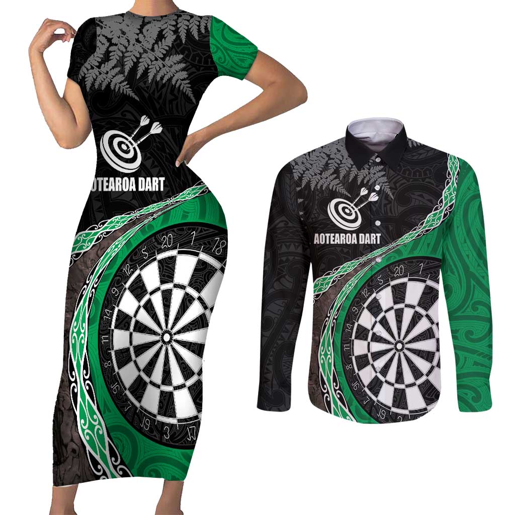 Personalised New Zealand Darts Couples Matching Short Sleeve Bodycon Dress and Long Sleeve Button Shirt Koru Tribal Tattoo and Silver Fern Maori Pattern Green Color LT03 Green - Polynesian Pride