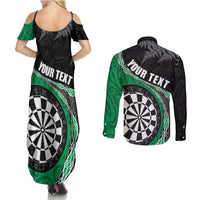 Personalised New Zealand Darts Couples Matching Summer Maxi Dress and Long Sleeve Button Shirt Koru Tribal Tattoo and Silver Fern Maori Pattern Green Color LT03 - Polynesian Pride