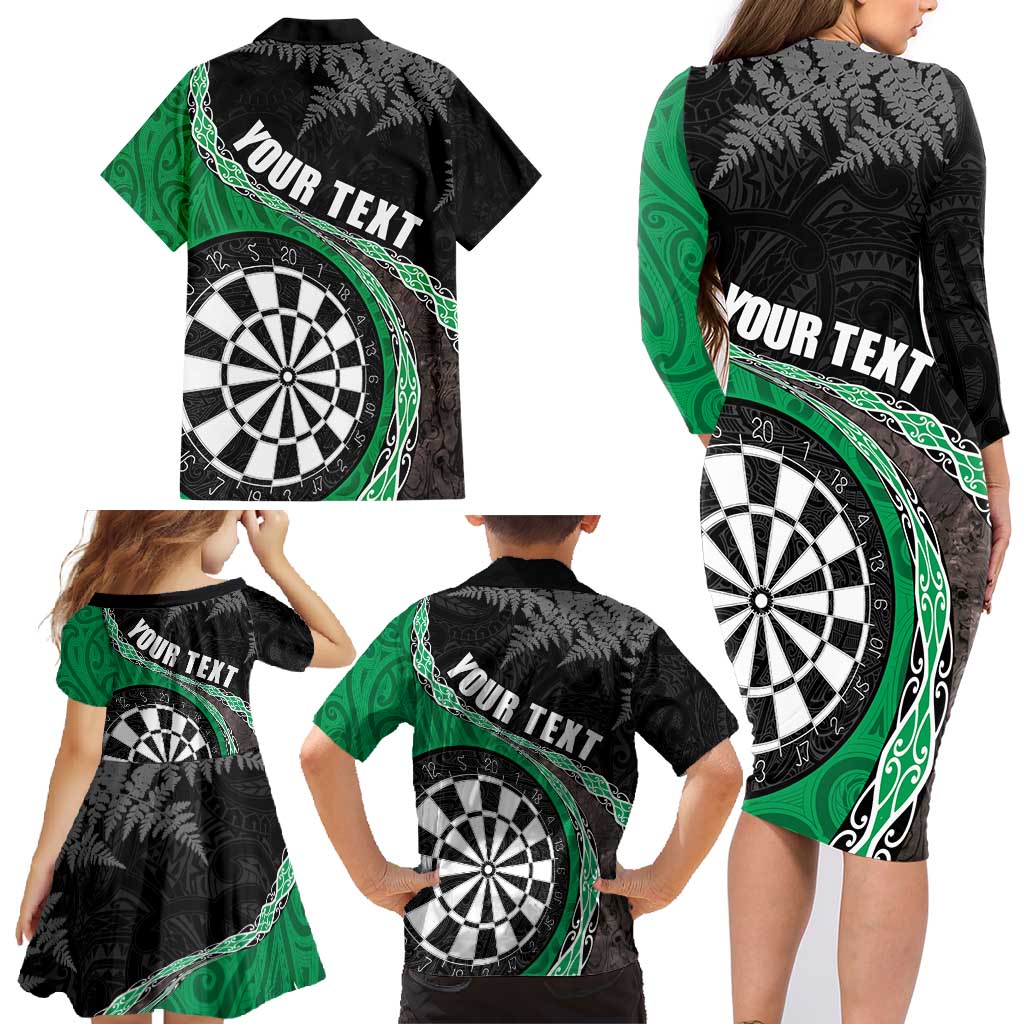 Personalised New Zealand Darts Family Matching Long Sleeve Bodycon Dress and Hawaiian Shirt Koru Tribal Tattoo and Silver Fern Maori Pattern Green Color LT03 - Polynesian Pride