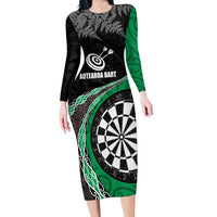 Personalised New Zealand Darts Family Matching Long Sleeve Bodycon Dress and Hawaiian Shirt Koru Tribal Tattoo and Silver Fern Maori Pattern Green Color LT03 Mom's Dress Green - Polynesian Pride