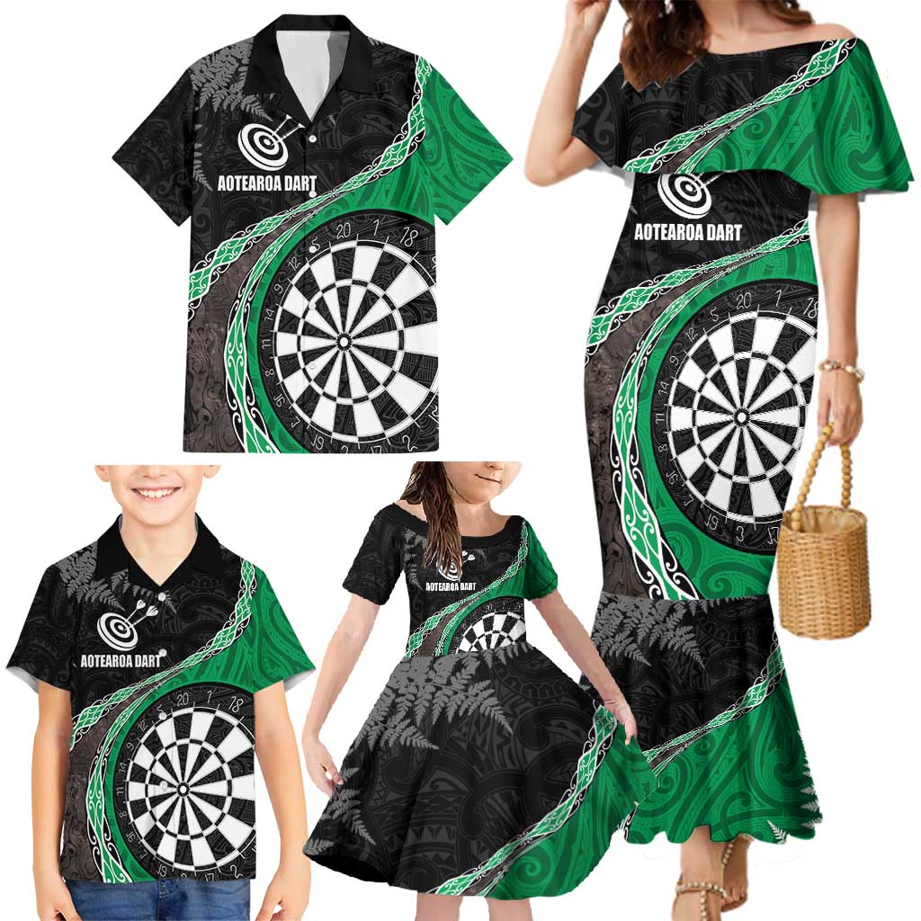 Personalised New Zealand Darts Family Matching Mermaid Dress and Hawaiian Shirt Koru Tribal Tattoo and Silver Fern Maori Pattern Green Color LT03 - Polynesian Pride