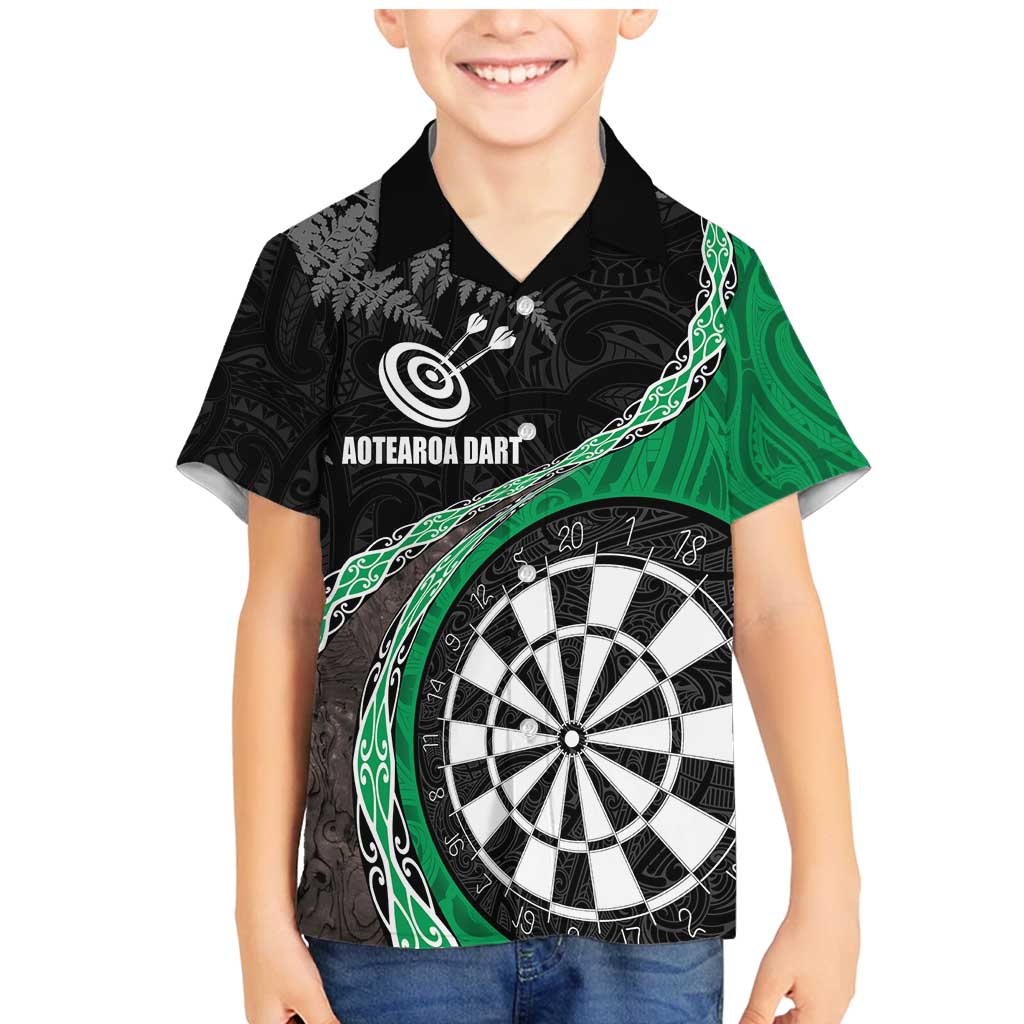 Personalised New Zealand Darts Family Matching Mermaid Dress and Hawaiian Shirt Koru Tribal Tattoo and Silver Fern Maori Pattern Green Color LT03 Son's Shirt Green - Polynesian Pride