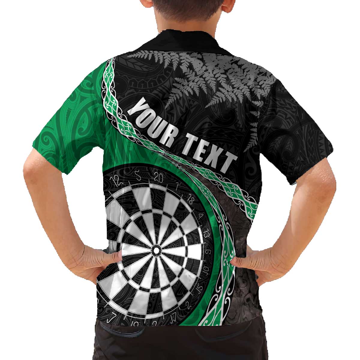 Personalised New Zealand Darts Family Matching Off The Shoulder Long Sleeve Dress and Hawaiian Shirt Koru Tribal Tattoo and Silver Fern Maori Pattern Green Color LT03 - Polynesian Pride