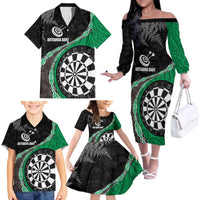 Personalised New Zealand Darts Family Matching Off The Shoulder Long Sleeve Dress and Hawaiian Shirt Koru Tribal Tattoo and Silver Fern Maori Pattern Green Color LT03 - Polynesian Pride