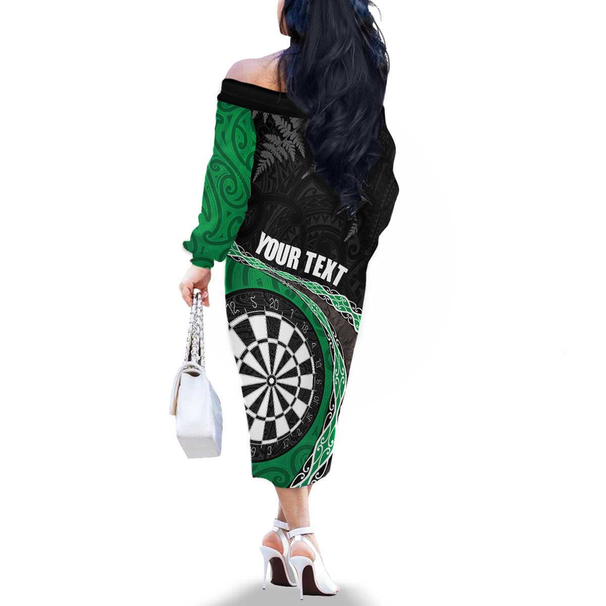 Personalised New Zealand Darts Family Matching Off The Shoulder Long Sleeve Dress and Hawaiian Shirt Koru Tribal Tattoo and Silver Fern Maori Pattern Green Color LT03 - Polynesian Pride