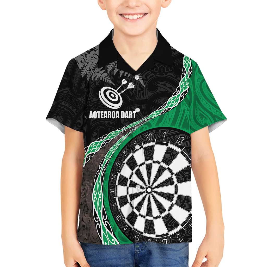Personalised New Zealand Darts Family Matching Off Shoulder Maxi Dress and Hawaiian Shirt Koru Tribal Tattoo and Silver Fern Maori Pattern Green Color LT03 Son's Shirt Green - Polynesian Pride