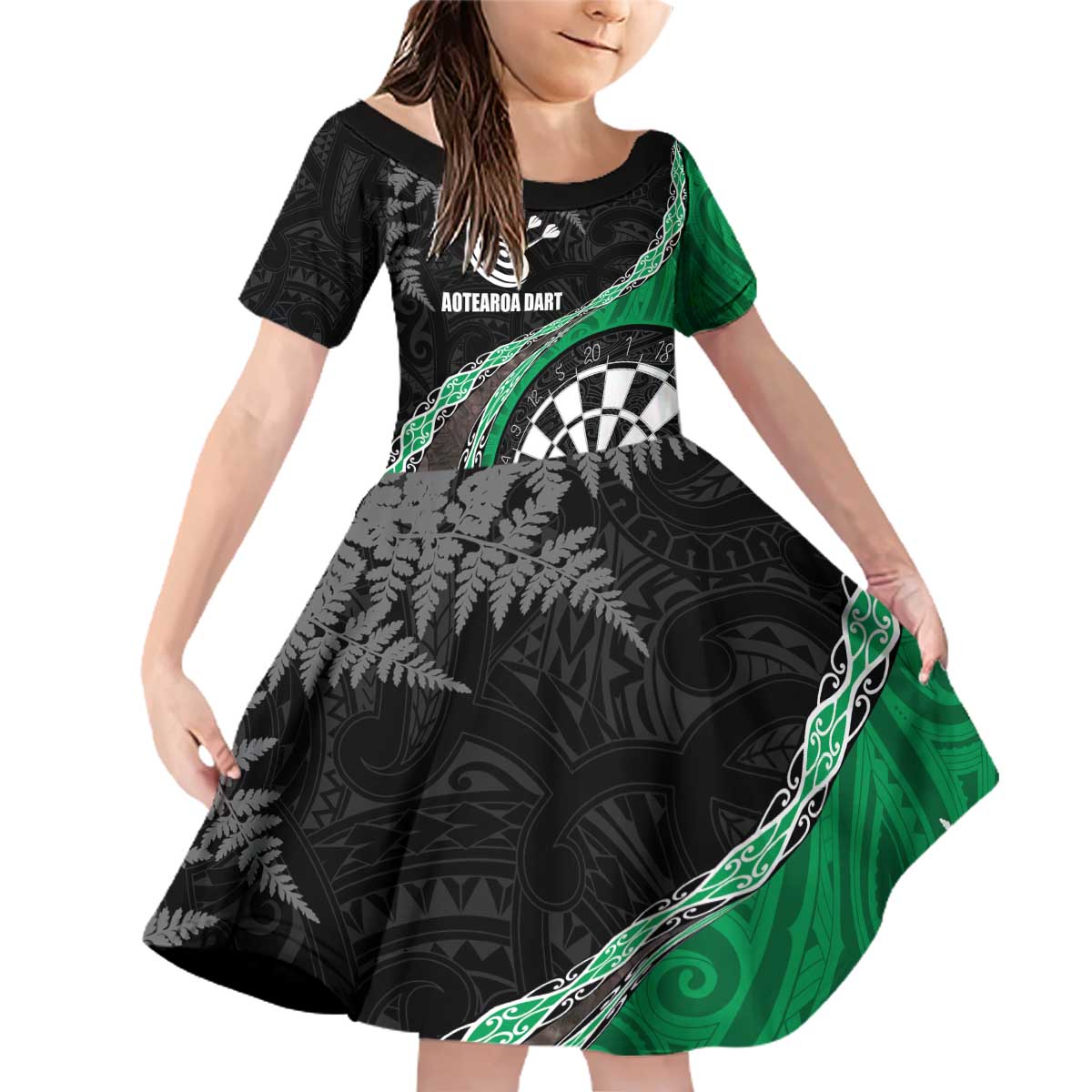 Personalised New Zealand Darts Family Matching Off Shoulder Short Dress and Hawaiian Shirt Koru Tribal Tattoo and Silver Fern Maori Pattern Green Color LT03 Daughter's Dress Green - Polynesian Pride