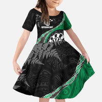 Personalised New Zealand Darts Family Matching Short Sleeve Bodycon Dress and Hawaiian Shirt Koru Tribal Tattoo and Silver Fern Maori Pattern Green Color LT03 Daughter's Dress Green - Polynesian Pride