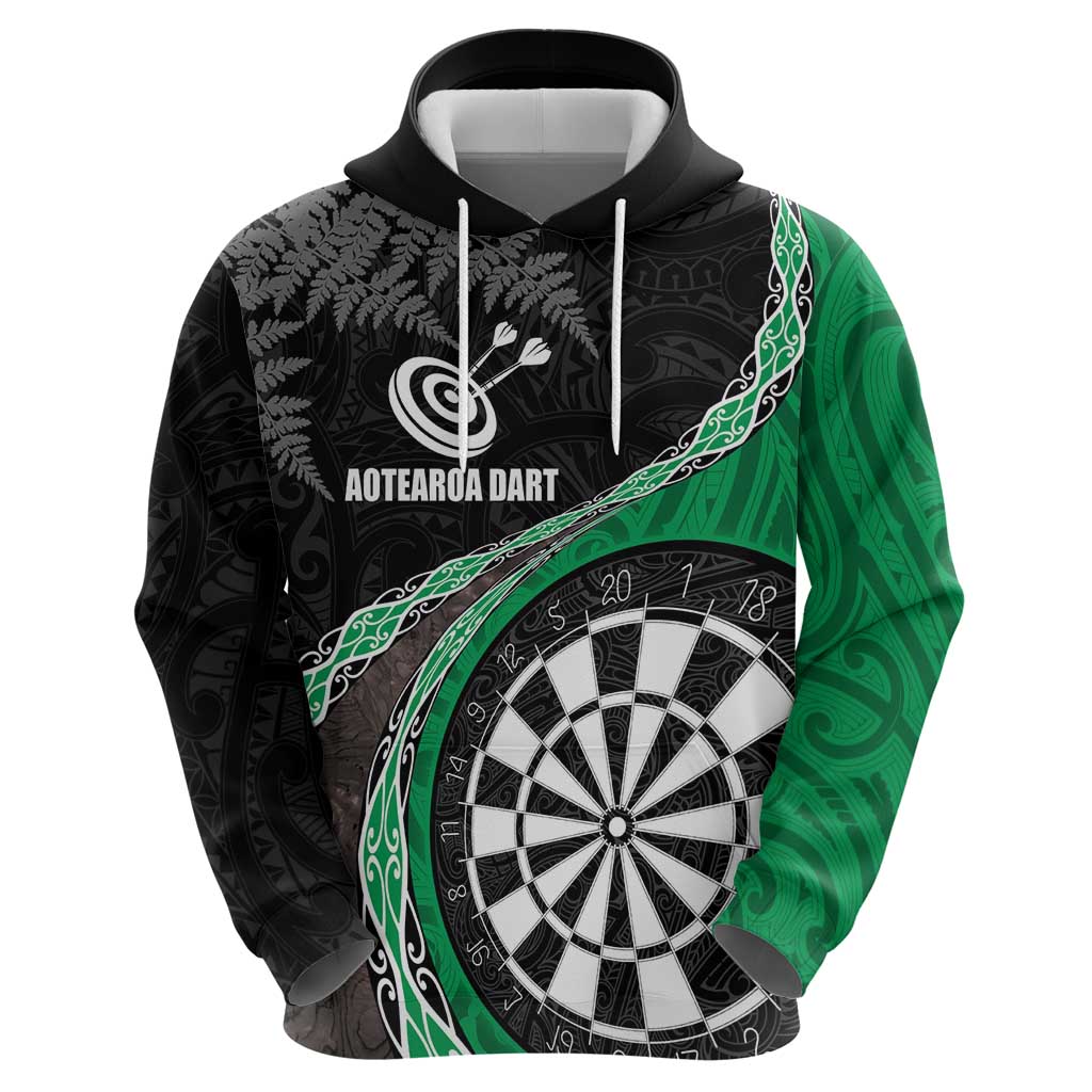 Personalised New Zealand Darts Hoodie Koru Tribal Tattoo and Silver Fern Maori Pattern Green Color LT03 - Polynesian Pride