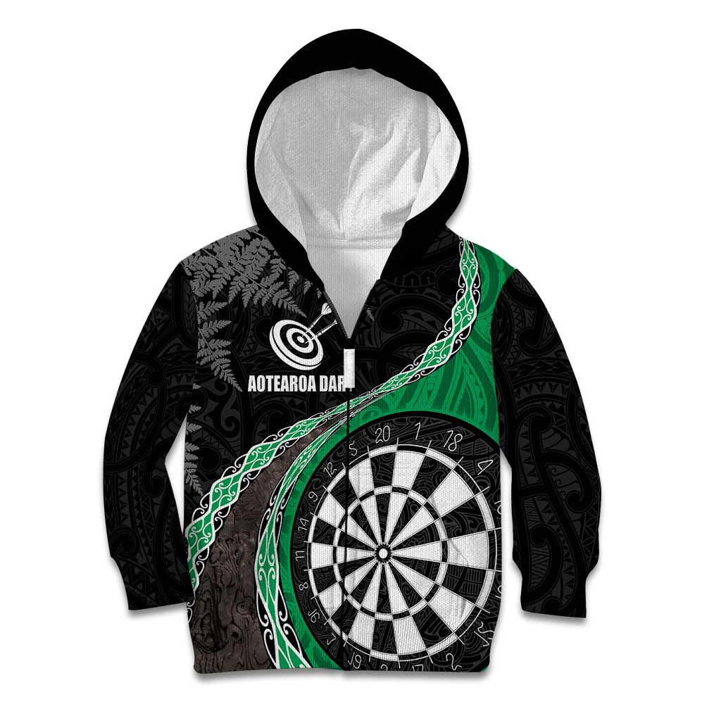 Personalised New Zealand Darts Kid Hoodie Koru Tribal Tattoo and Silver Fern Maori Pattern Green Color LT03 Zip Hoodie Green - Polynesian Pride
